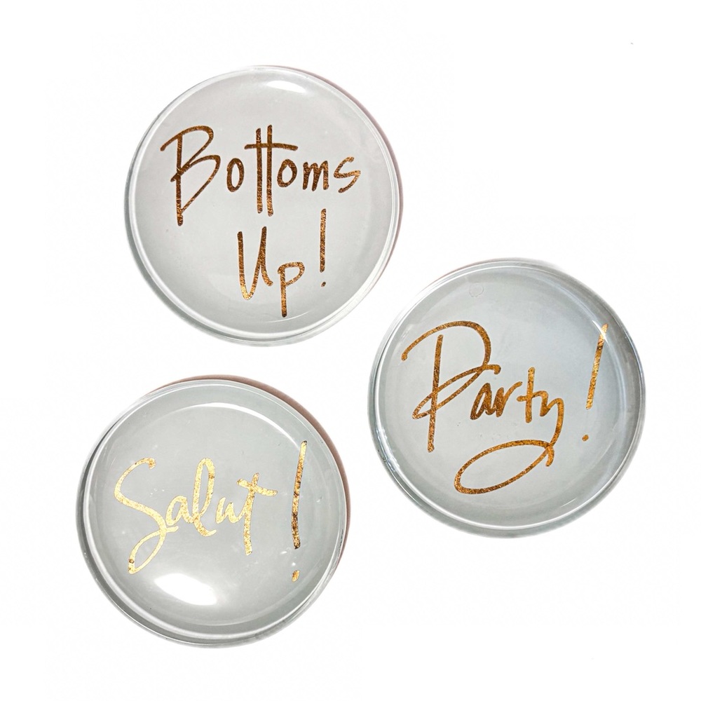 NEW - 3PC Glass Gold Script Party Coasters \ Appetizer Plates for Entertaining